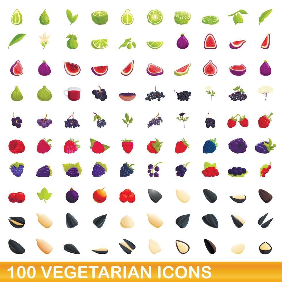 100 vegetarian icons set, cartoon style vector