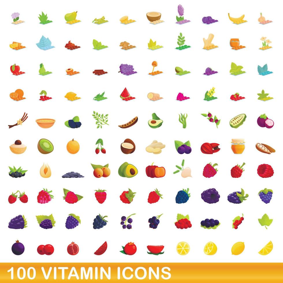 100 iconos de vitamina, estilo de dibujos animados vector