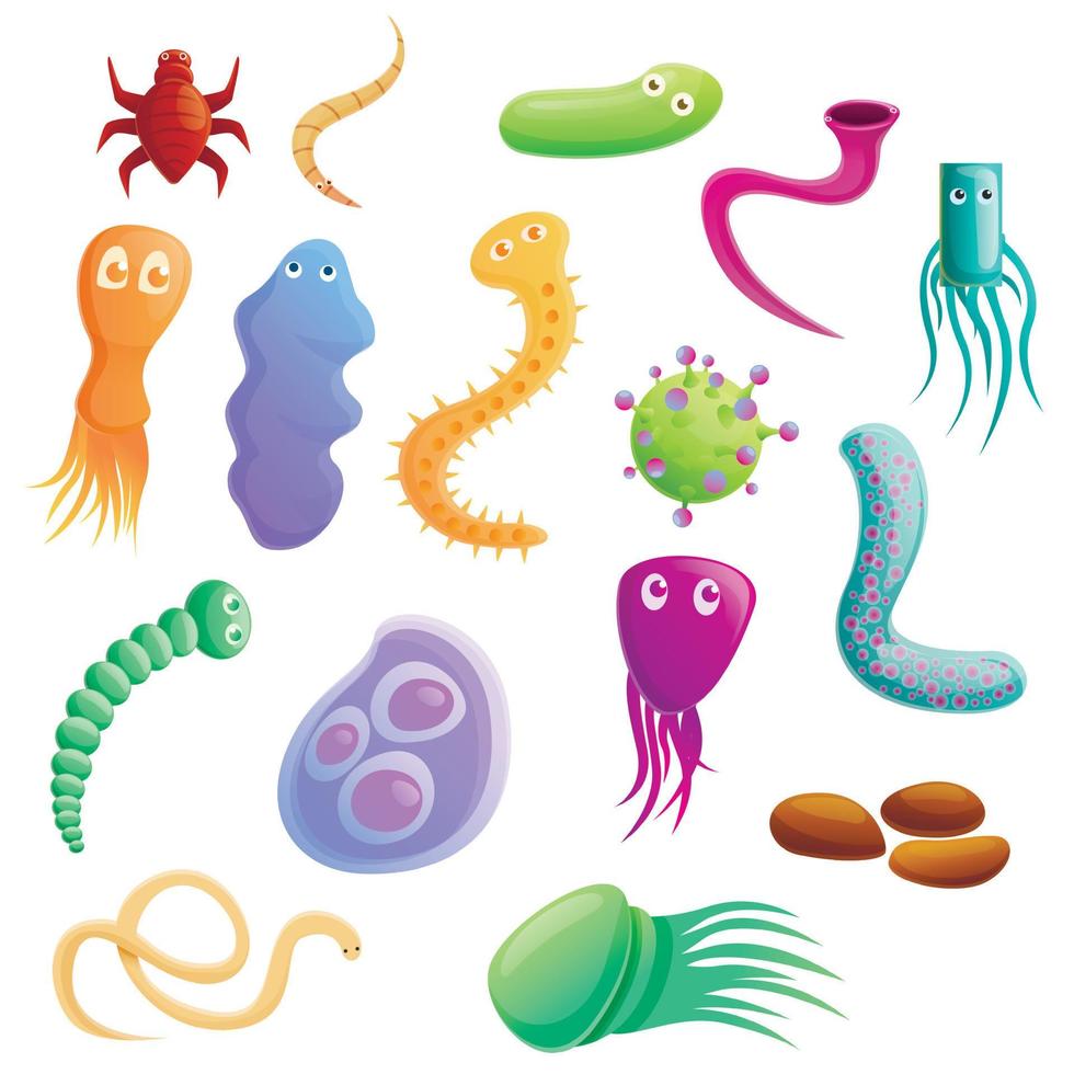 Parasite icons set, cartoon style vector