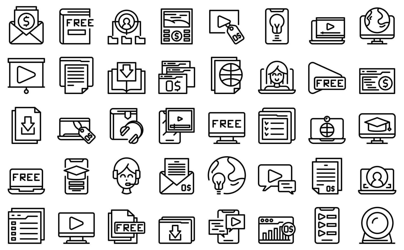 iconos de curso gratis establecer vector de contorno. clase de computación virtual