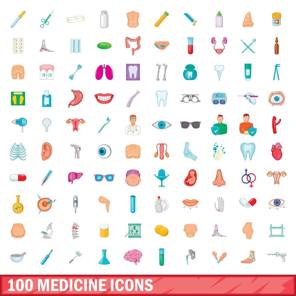 100 iconos de medicina, estilo de dibujos animados vector