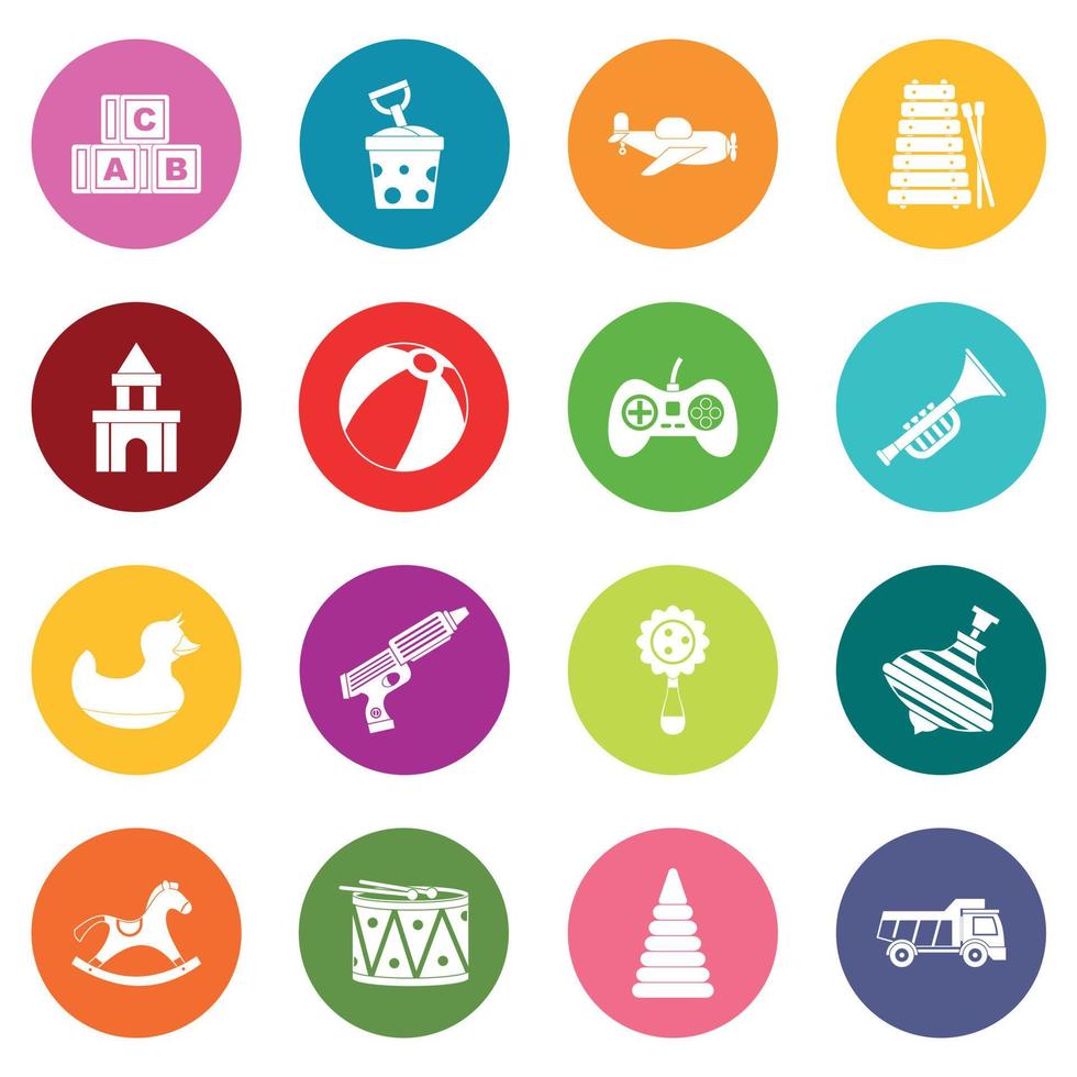 Different kids toys icons many colors set vector