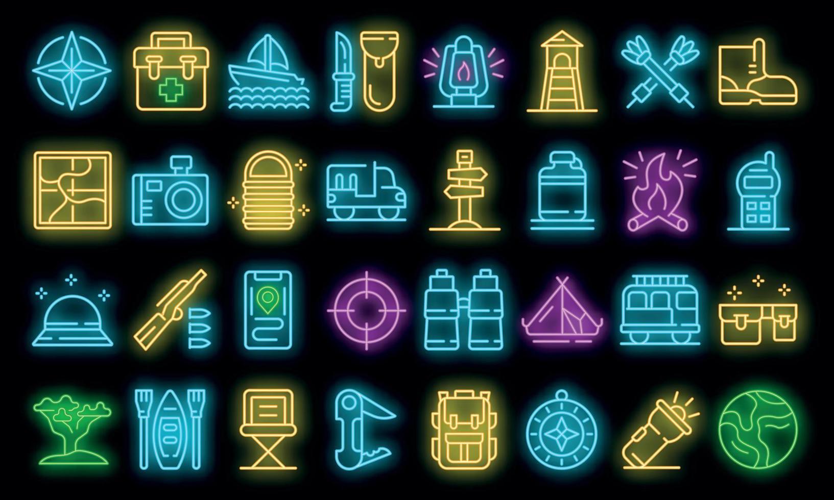 Safari equipment icons set vector neon