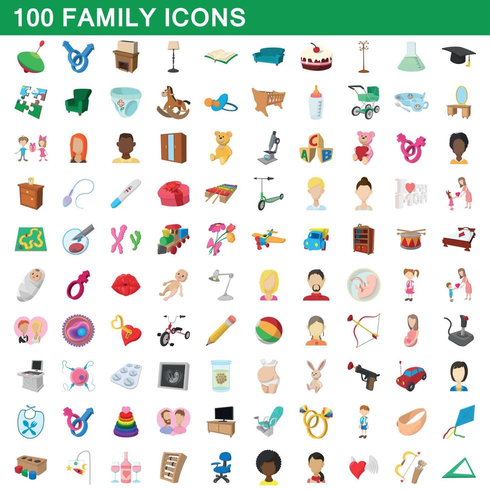 100 family icons set, cartoon style vector