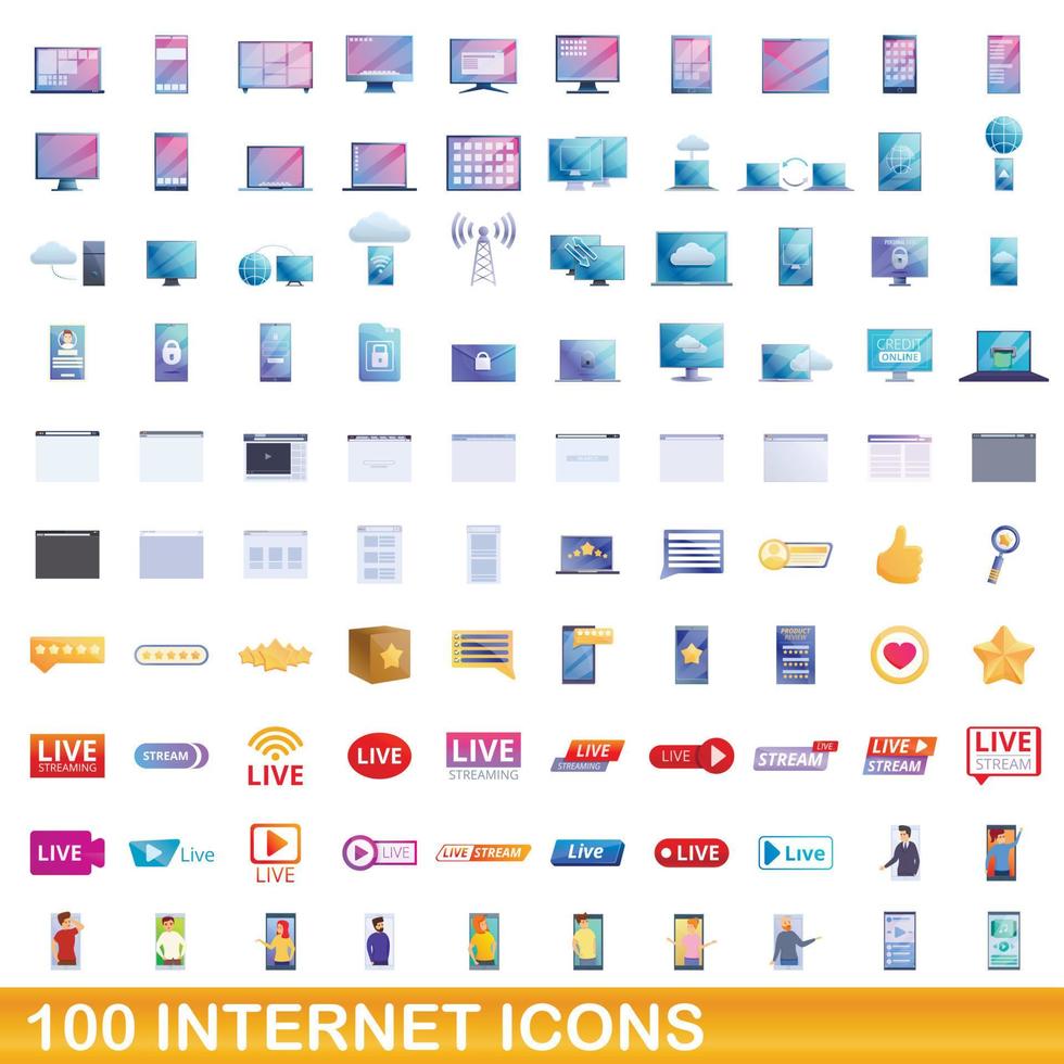 100 internet icons set, cartoon style vector