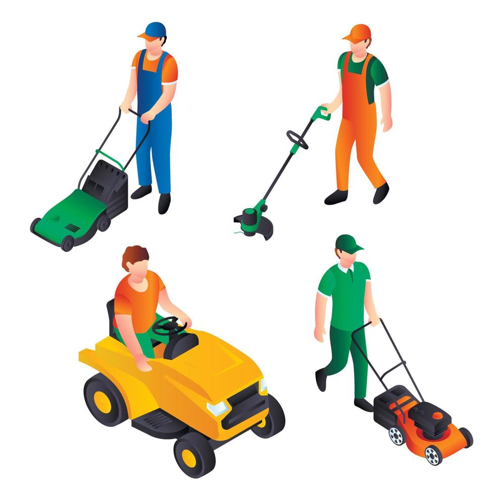 Lawnmower icon set, isometric style vector