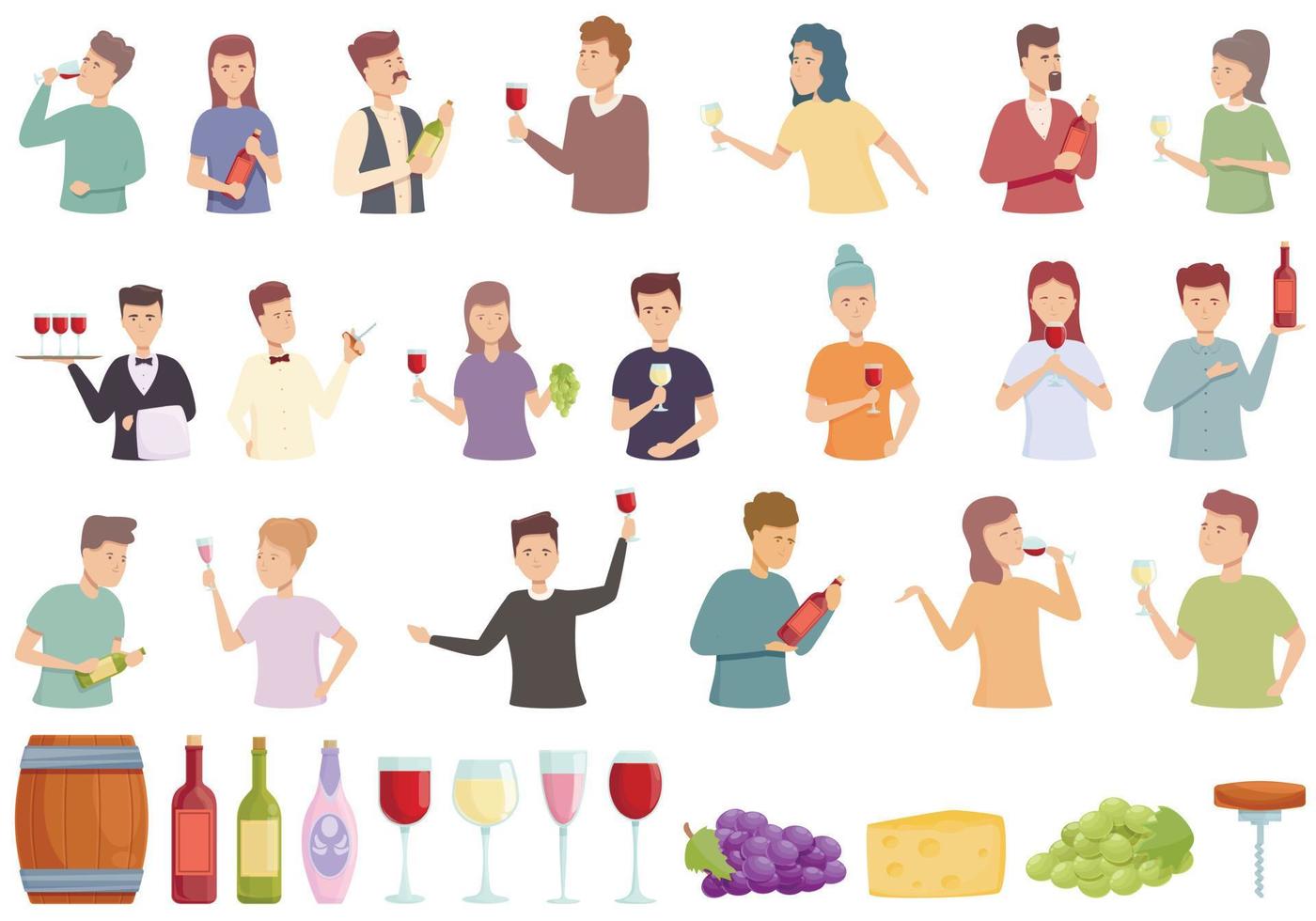 los iconos de la fiesta del sommelier establecen el vector de dibujos animados. champán de mano