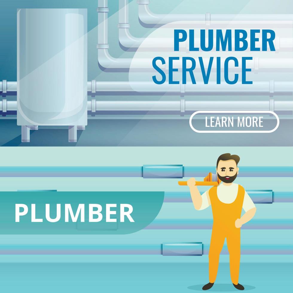 Plumbing banner set, cartoon style vector