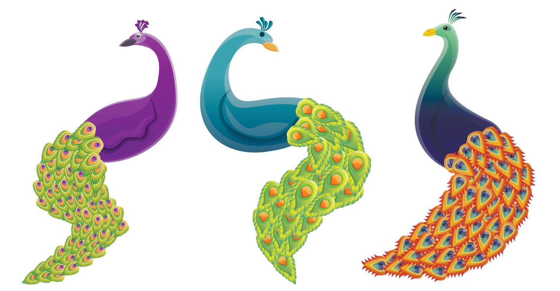 Peacock icons set, cartoon style vector