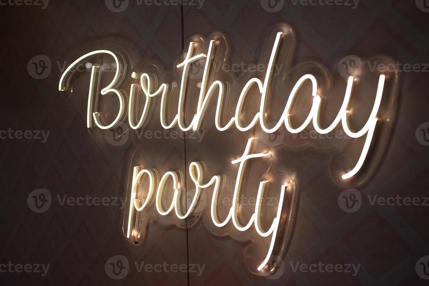 Birthday Party neon sign. Glowing neon lettering Birthday template photo