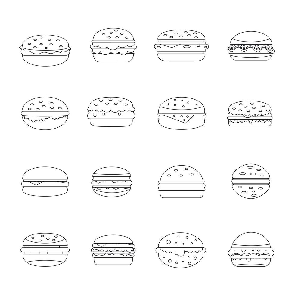 Burger icons set, outline style vector