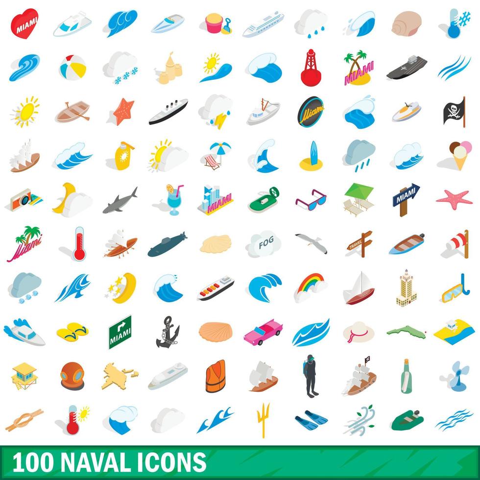 100 naval icons set, isometric 3d style vector