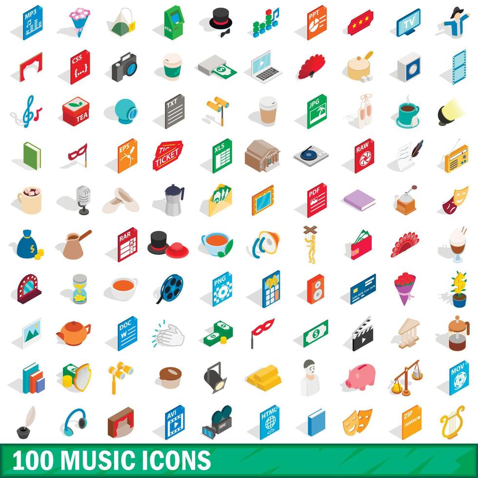 100 iconos de música, estilo isométrico 3d vector