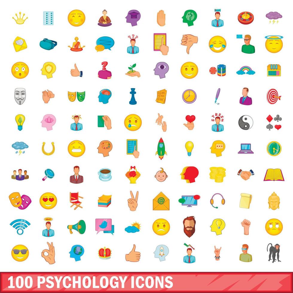 100 iconos de psicología, estilo de dibujos animados vector
