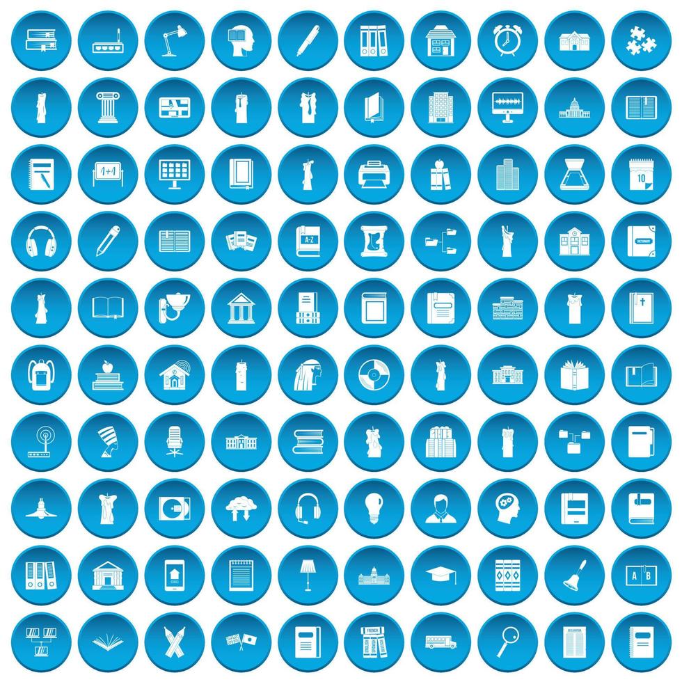 100 iconos de biblioteca conjunto azul vector