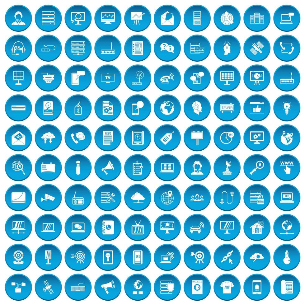 100 iconos de telecomunicaciones conjunto azul vector