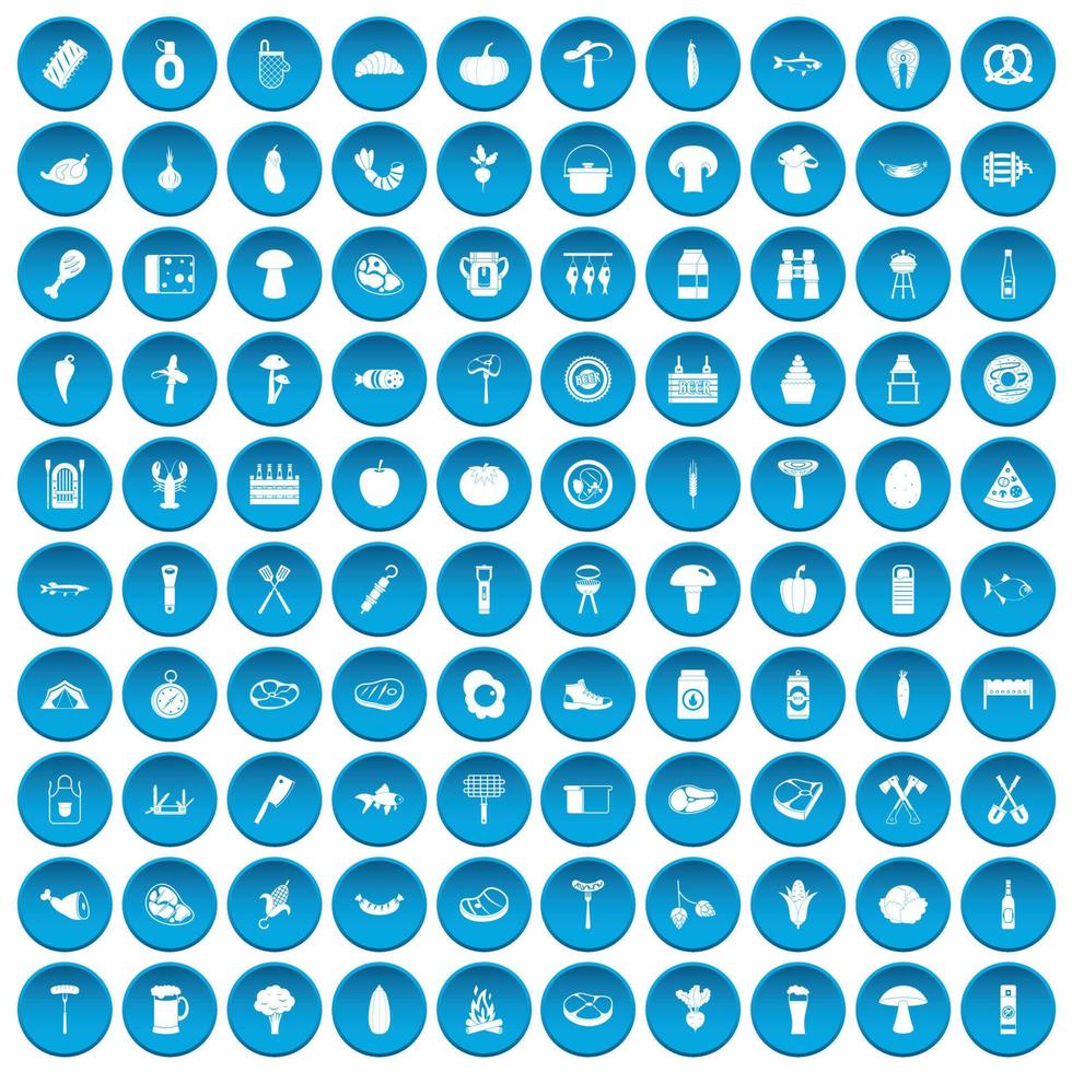 100 iconos de barbacoa conjunto azul vector