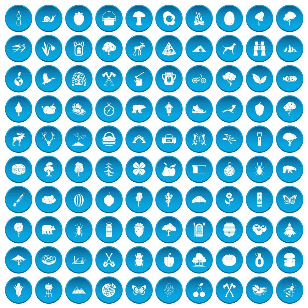 100 camping and nature icons set blue vector