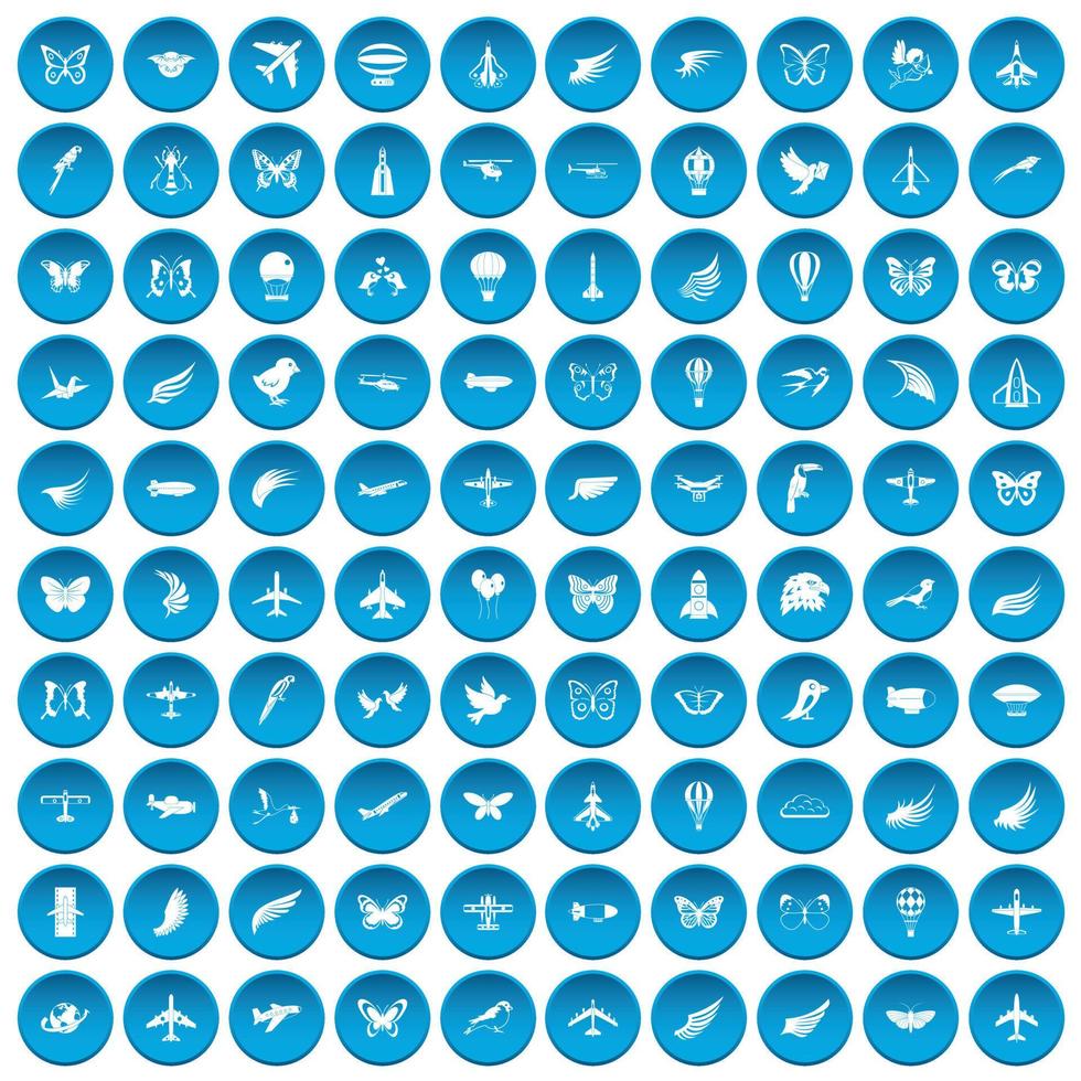 100 fly icons set blue vector