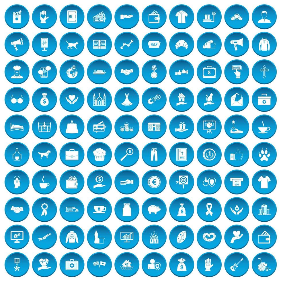 100 charity icons set blue vector