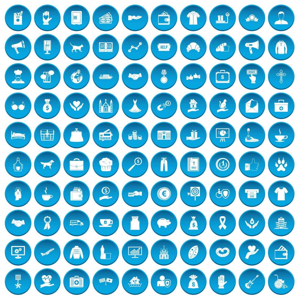 100 iconos de caridad conjunto azul vector