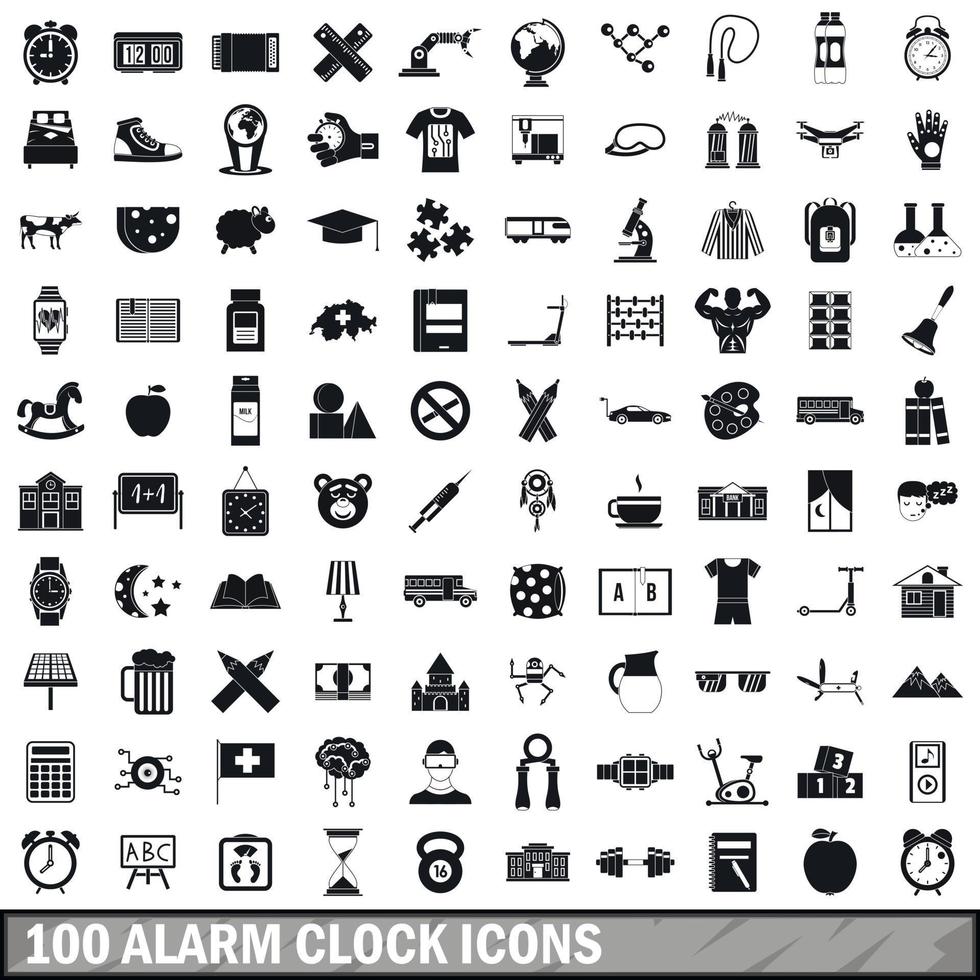 100 alarm clock icons set, simple style vector