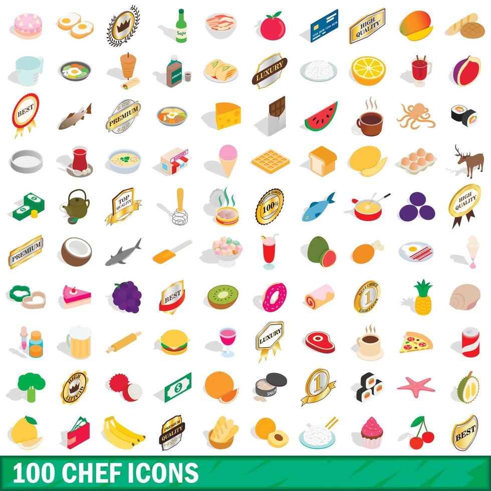 100 chef icons set, isometric 3d style vector