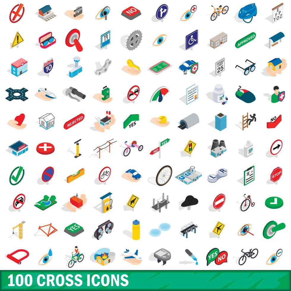 100 cross icons set, isometric 3d style vector