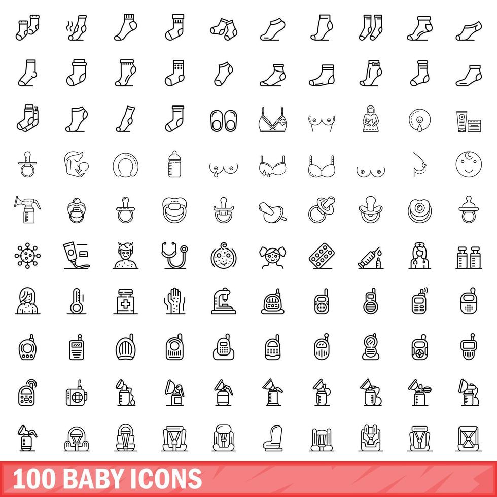100 baby icons set, outline style vector
