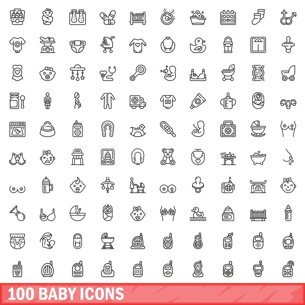 100 baby icons set, outline style vector