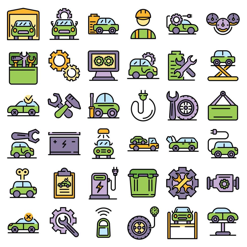 Electric vehicle repair icons set vector flat