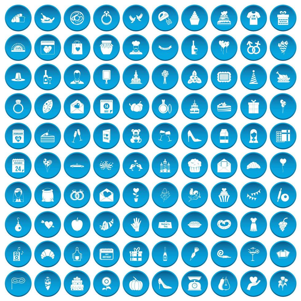 100 cake icons set blue vector