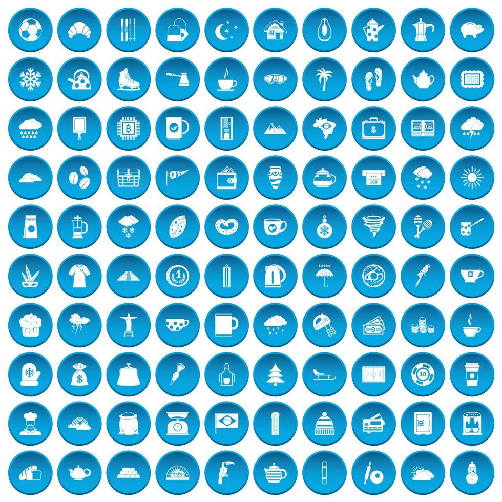 100 iconos de taza de café conjunto azul vector