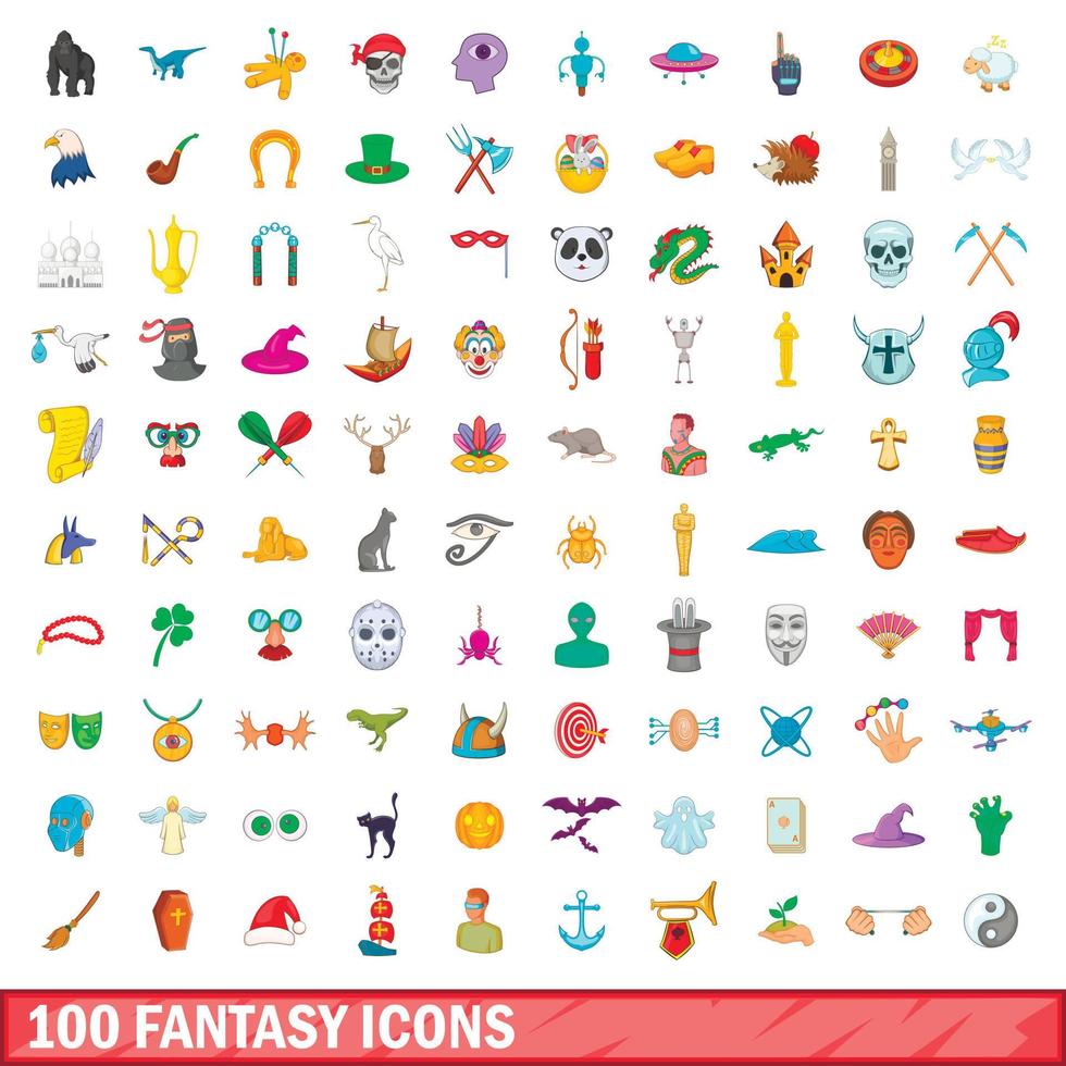 100 fantasy icons set, cartoon style vector