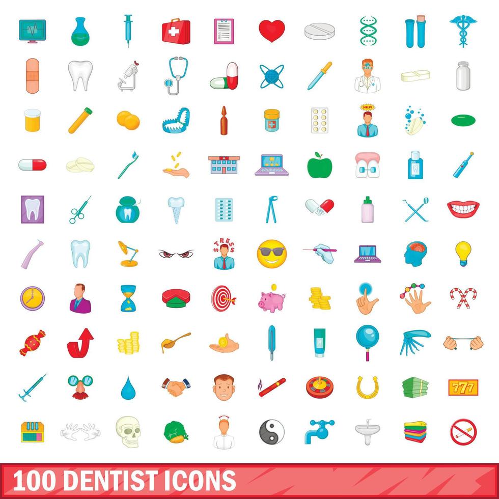 100 iconos de dentista, estilo de dibujos animados vector