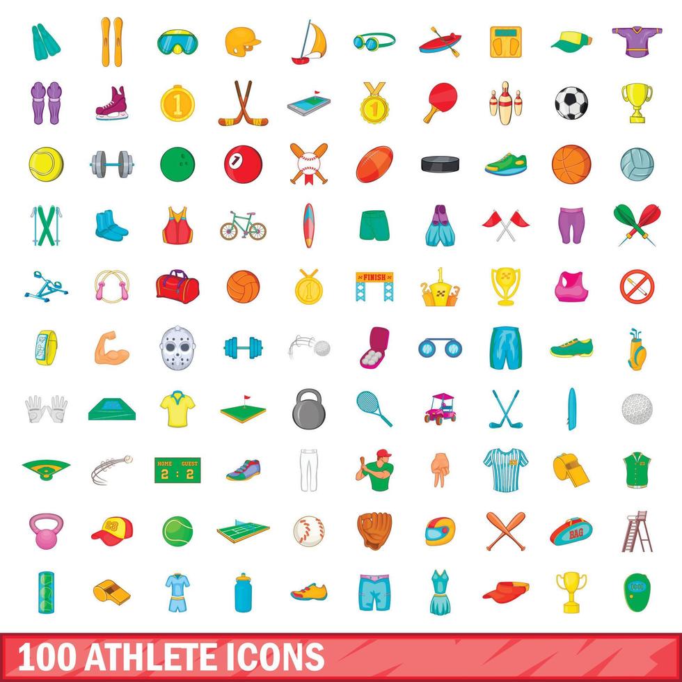 100 athlete icons set, cartoon style vector