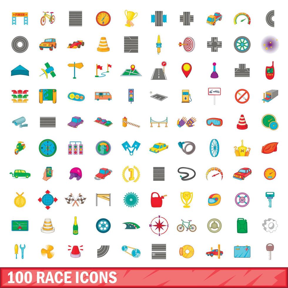 100 race icons set, cartoon style vector