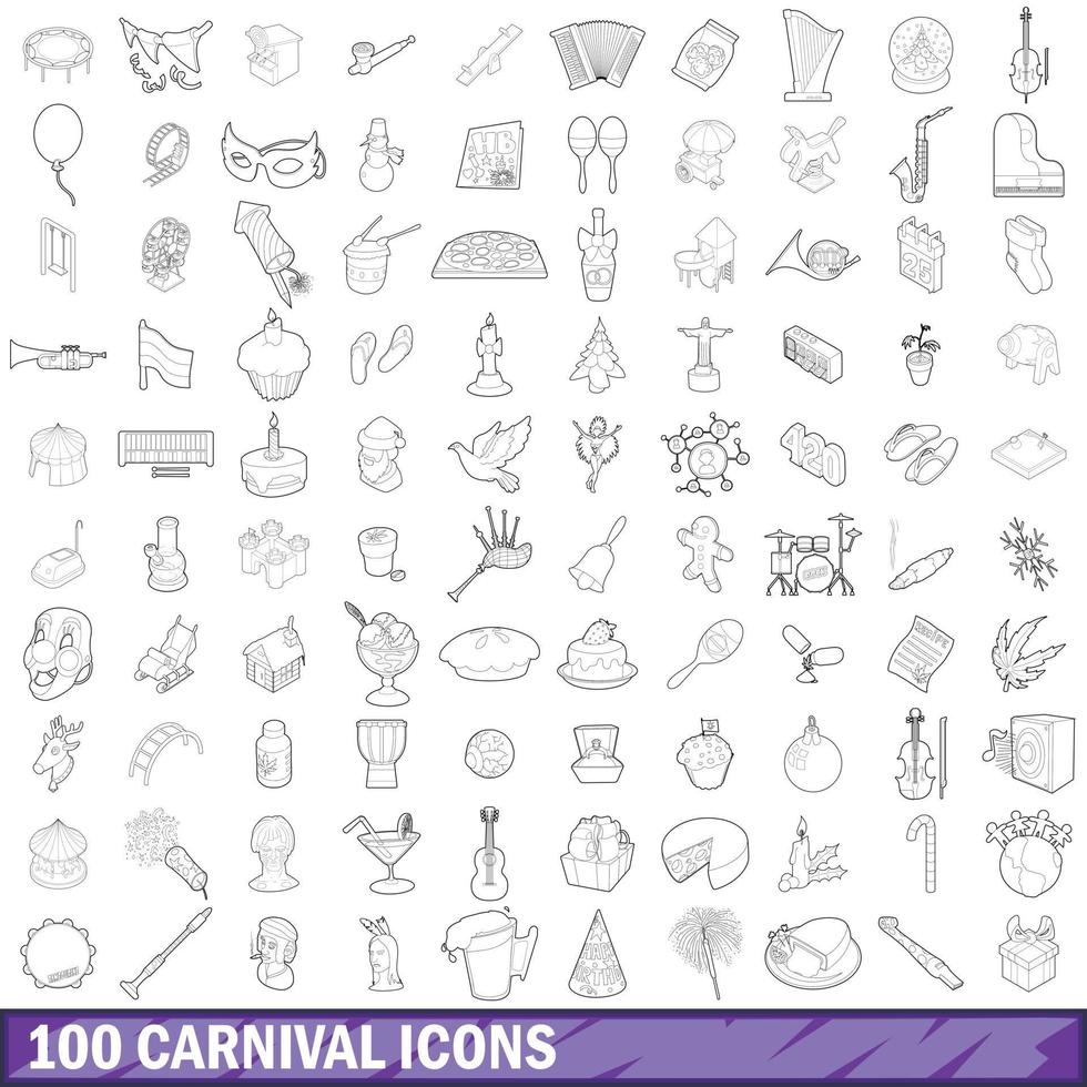 100 carnival icons set, outline style vector