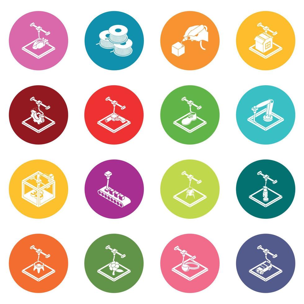 Conjunto de iconos de impresión 3d vector de círculos coloridos