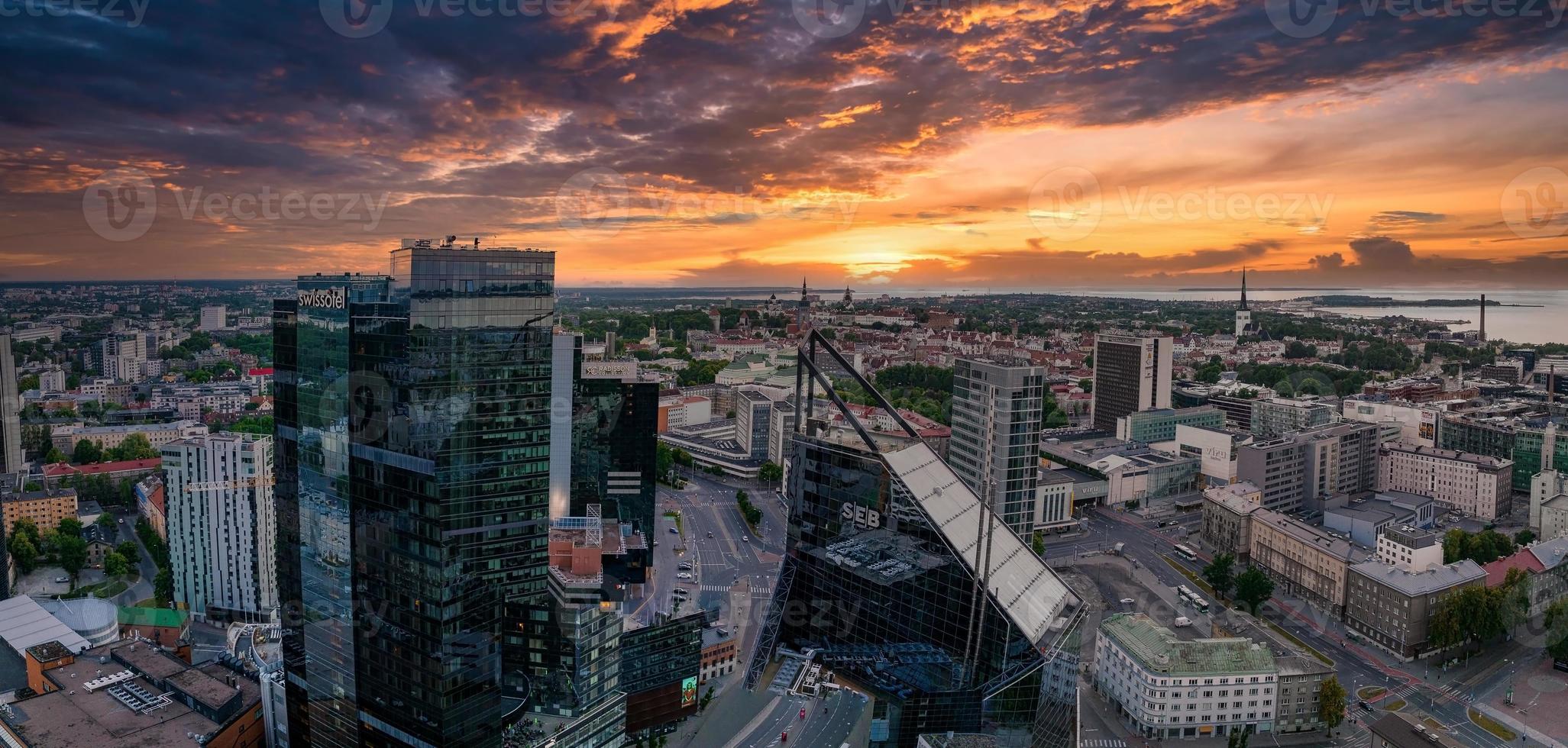 Aerial view of the Tallinn business center in the evening. Beautiful business district photo