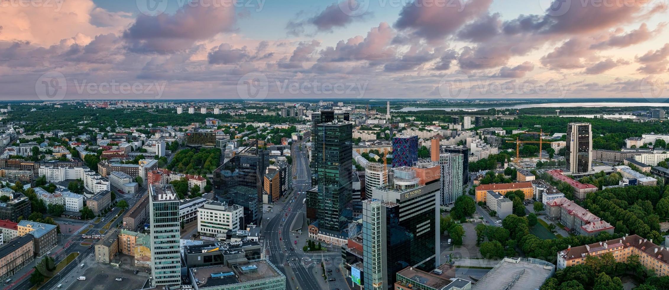 Aerial view of the Tallinn business center in the evening. Beautiful business district photo