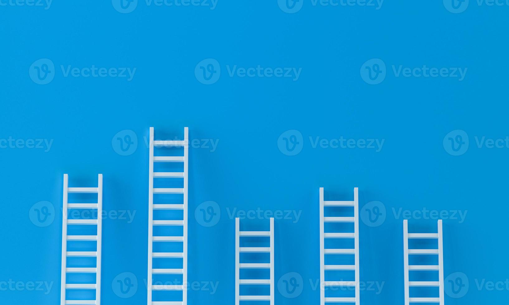 Ladder white random collection with one overhanging on blue wall studio background. leadership, success concept. 3d rendering. photo