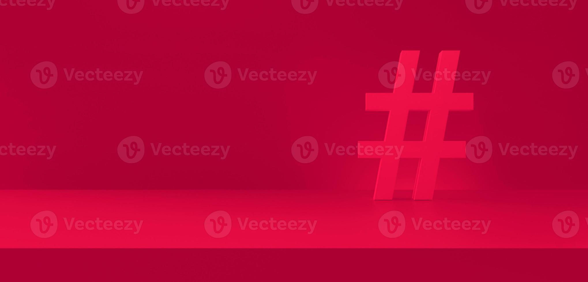 Hashtag symbol red in photography studio background. Trending topics, trends. 3d rendering. photo