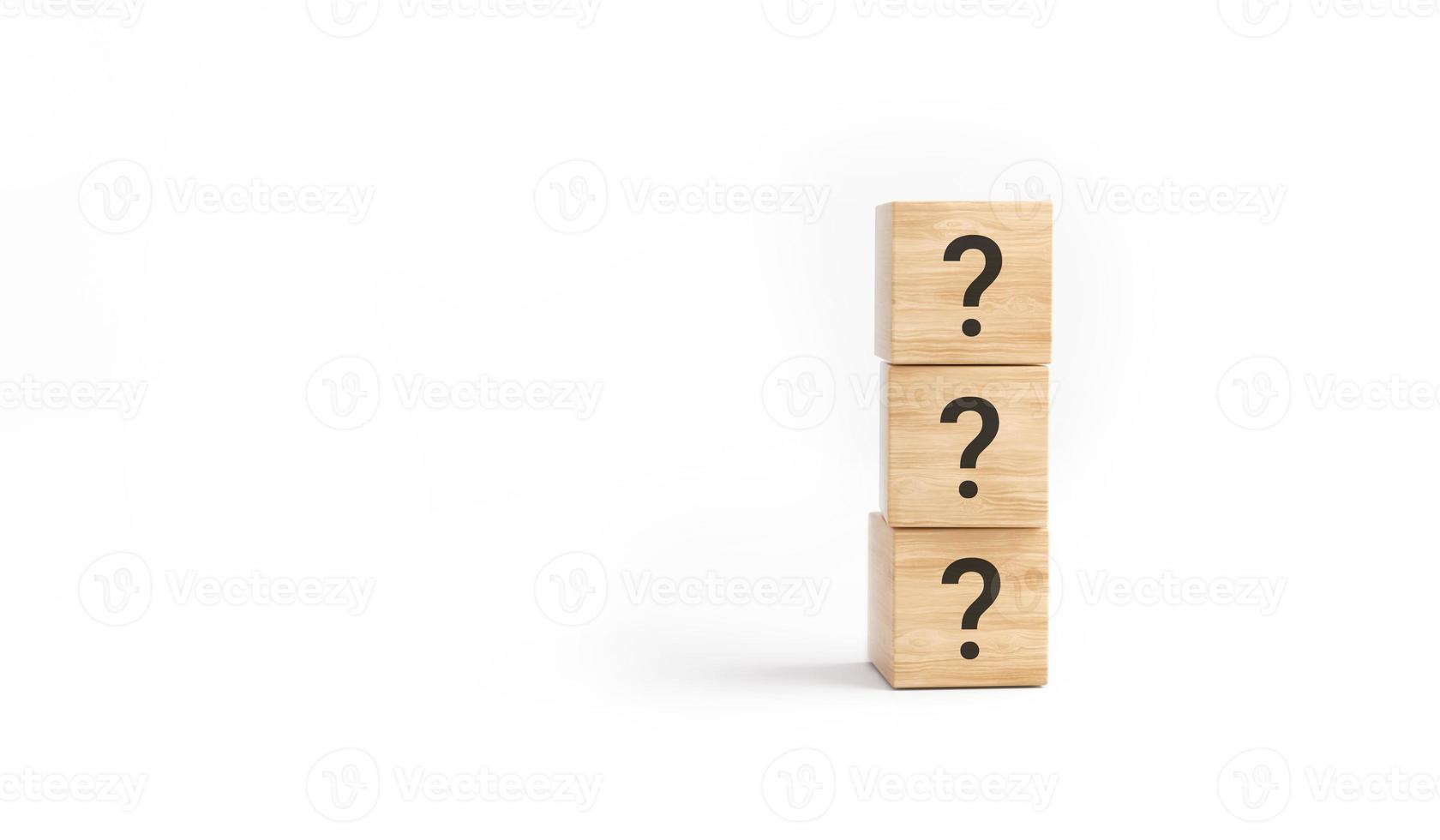 Wooden cube block shape with sign question mark symbol on white background. photo