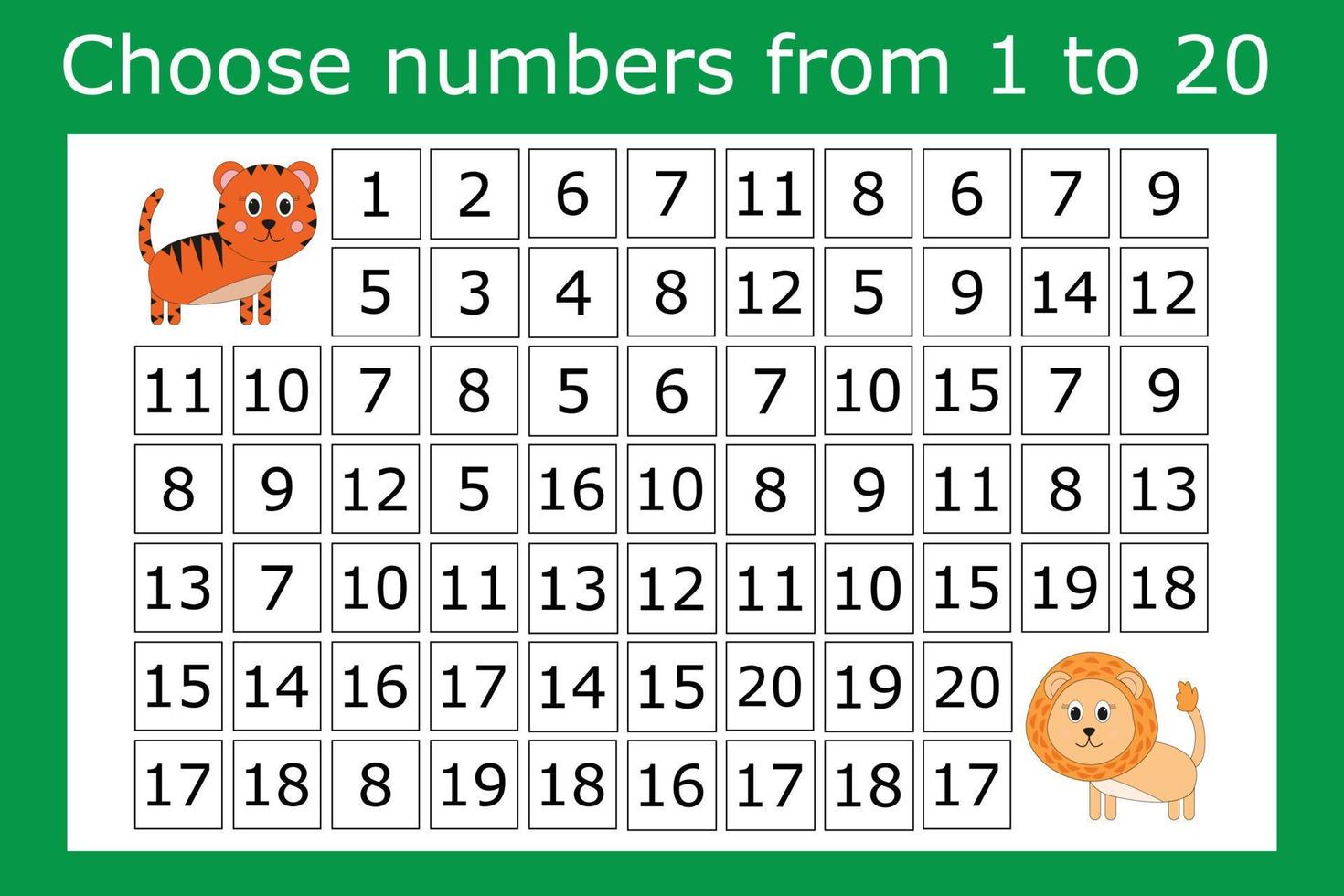 Counting maze for kids. A fun game, a mathematical puzzle with the selection of numbers from 1 to 20 in the correct order vector