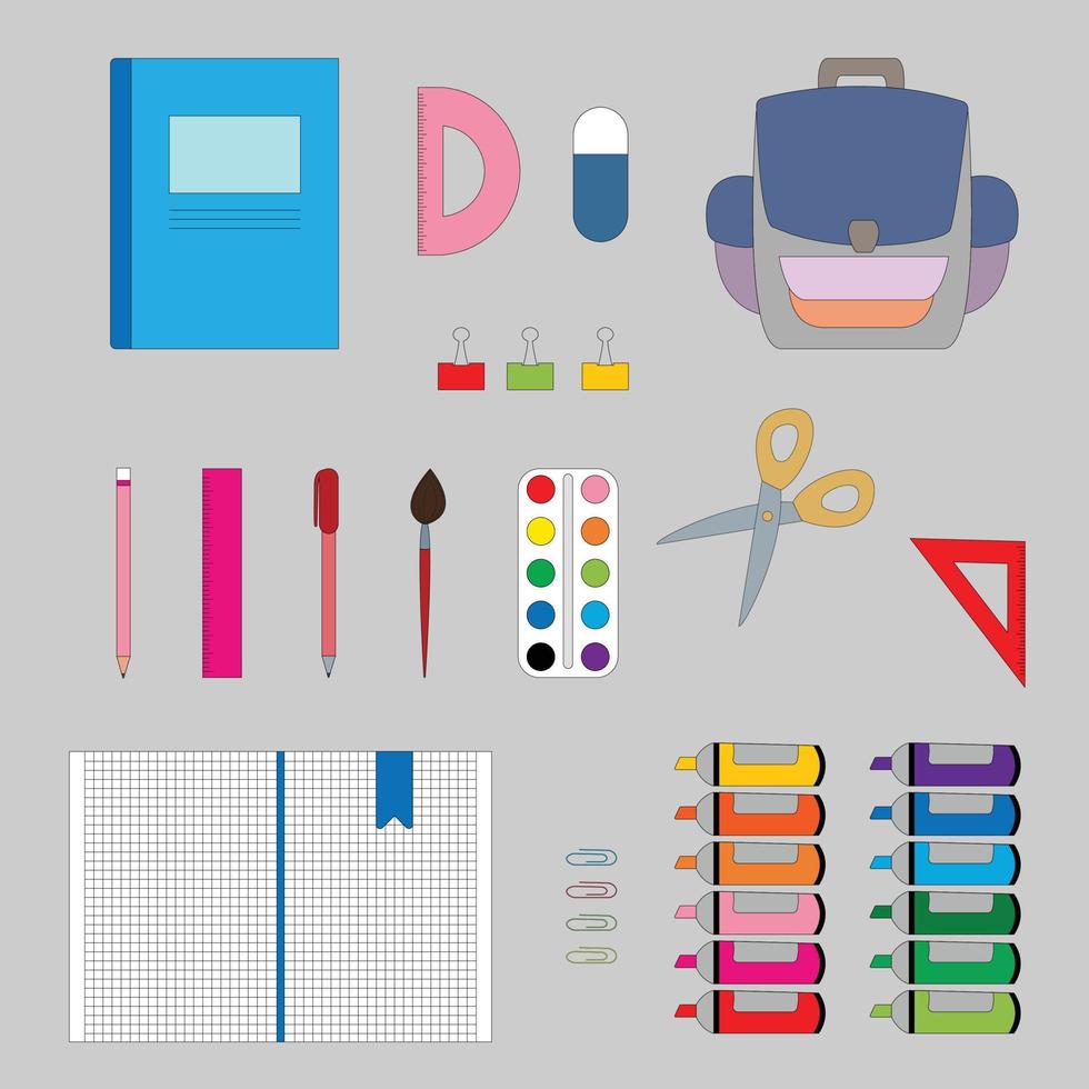 Back to school  elements isolated on gray background. Equipment learning office accessories vector
