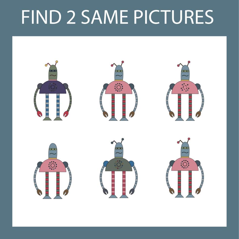 Find a pair game with funny  robots.  Worksheet for preschool kids, kids activity sheet, printable worksheet vector