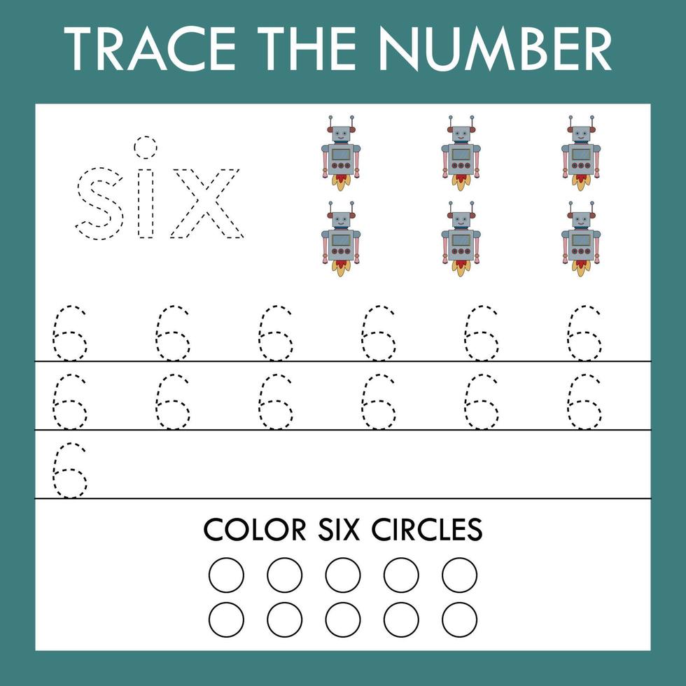 A game of tracing the outlines of the number six with funny robots . Preschool worksheet, kids activity sheet, printable worksheet vector