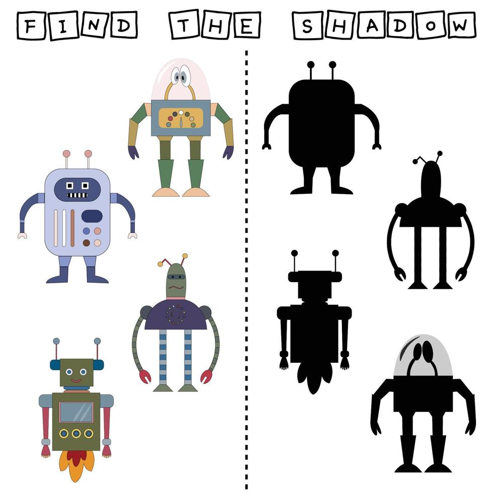 Find correct shadow with colorful robots.  Kids educational game. vector