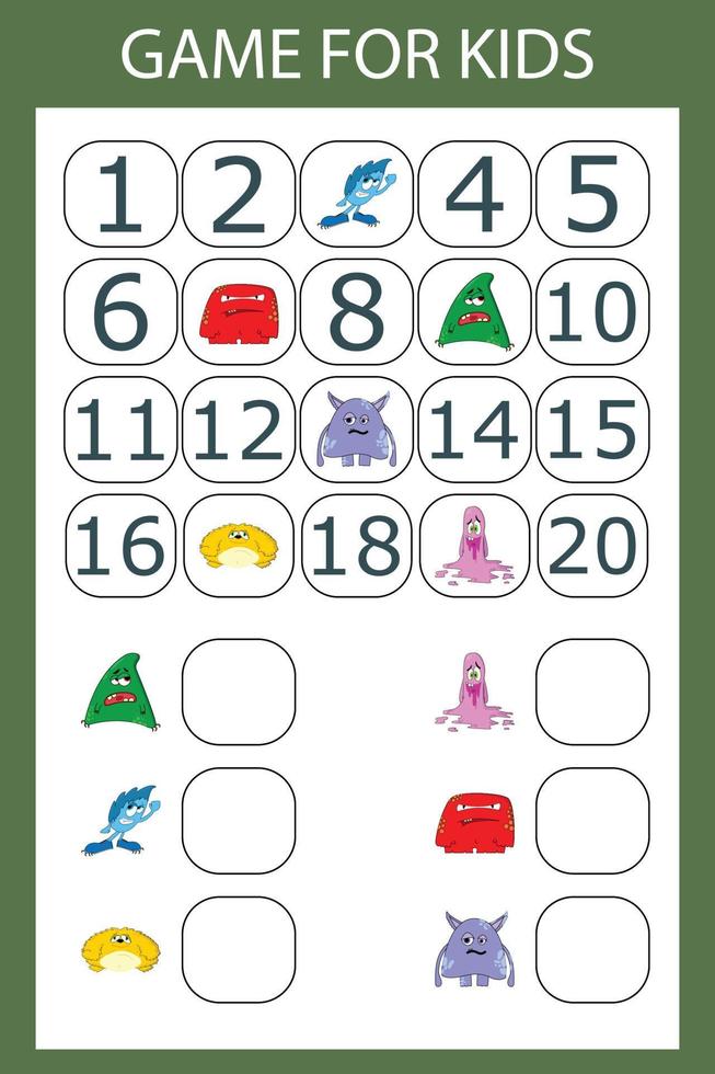 The task is to write in the lost numbers from 1 to 20. Educational exercises for preschool children vector